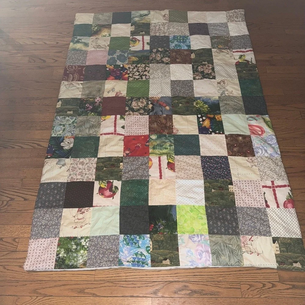 Handmade patchwork quilt floral & country-themed squares approx 46x67.5